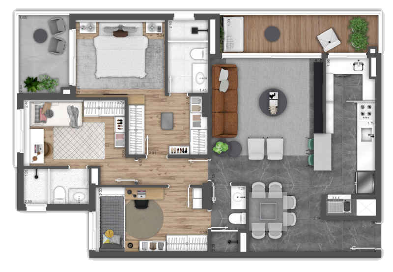Planta de apartamento com 3 suítes e 112m², design moderno, sacada ampla no living e sacada privativa na suíte master, proporcionando conforto e sofisticação.